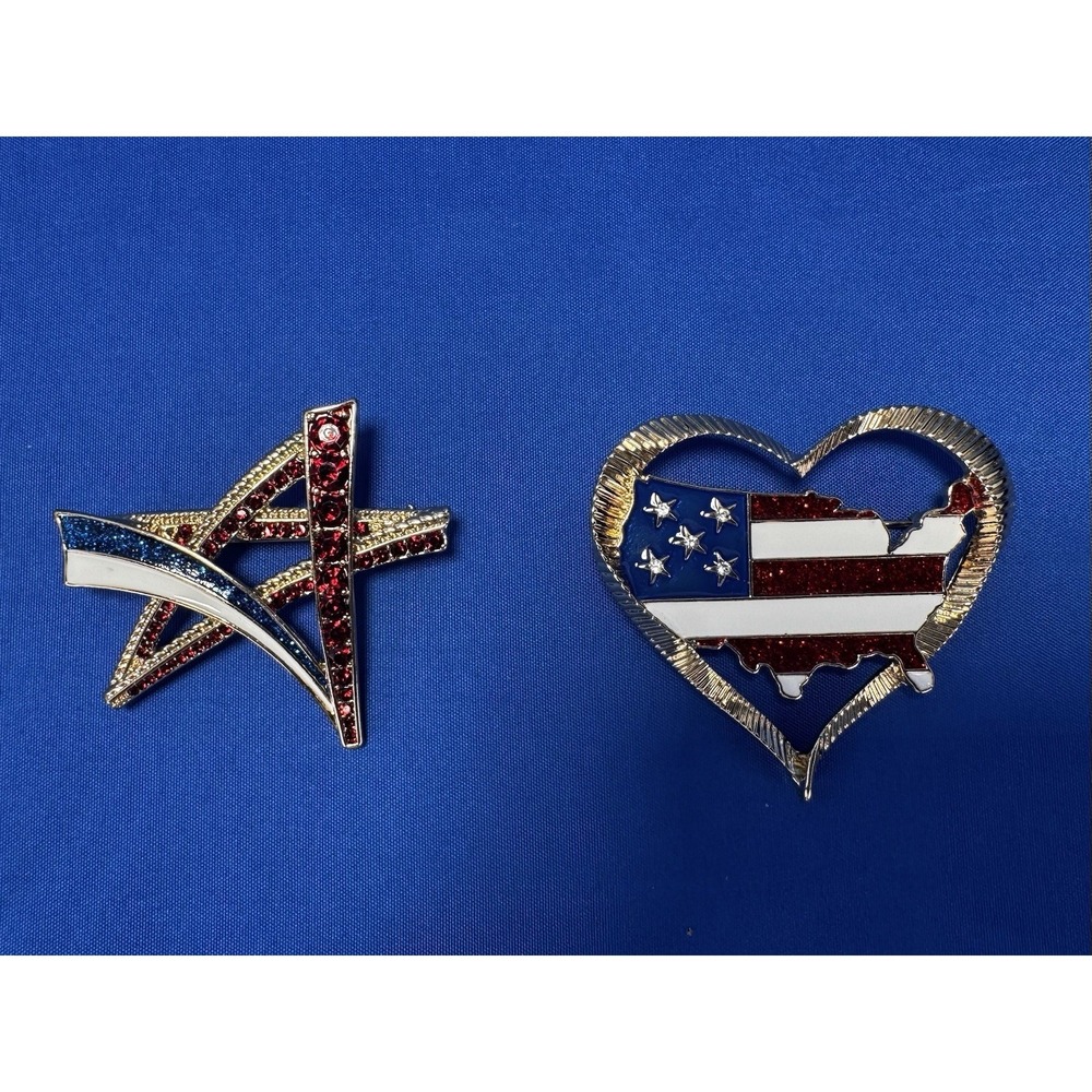 Anne Klein American USA Star Heart Brooch Pins Red White Blue Lot of 2